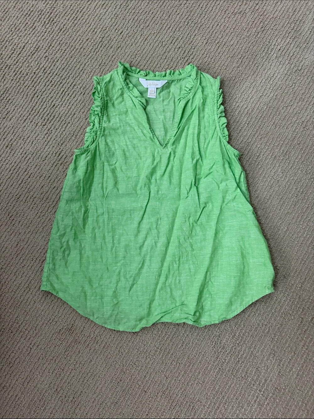 Lilly Pulitzer Bright Green Sleeveless Ruffle Linen V-Neck Tank